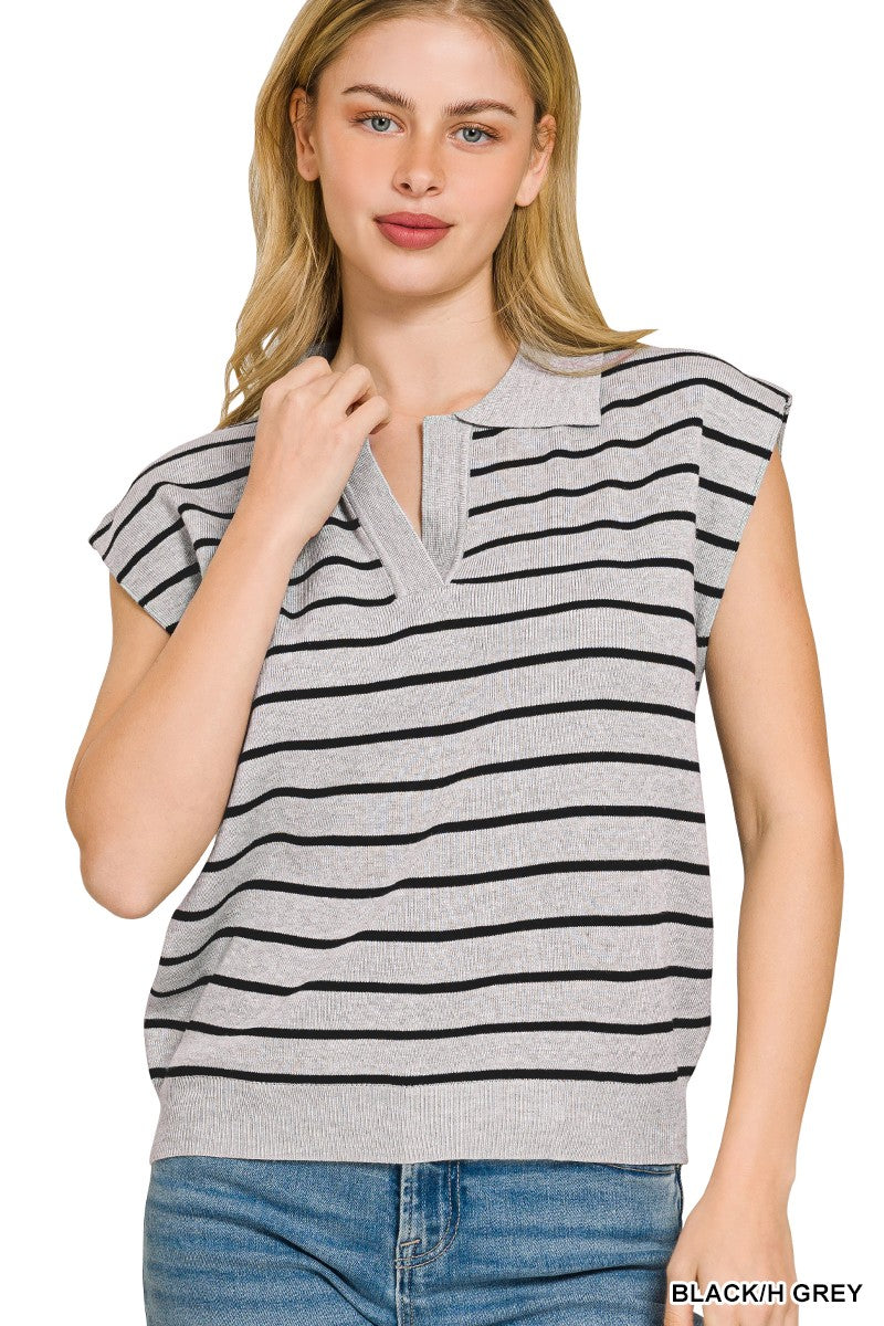 BLACK/H GREY Striped collared knit top with cap sleeves