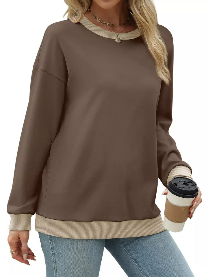 Drop-shoulder crew neck sweatshirt with contrast ribbed trim