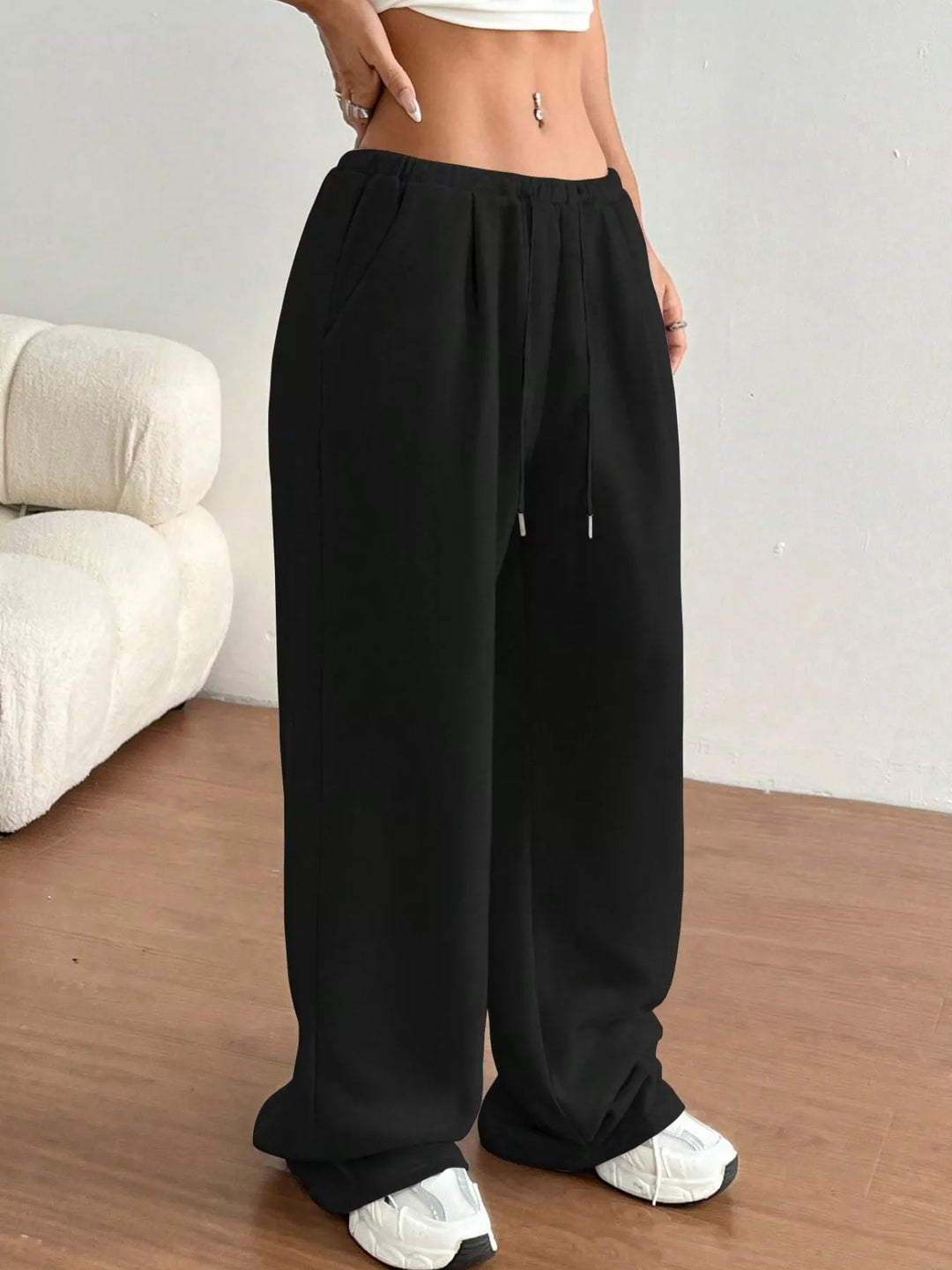 Black High-waist wide-leg drawstring sweatpants