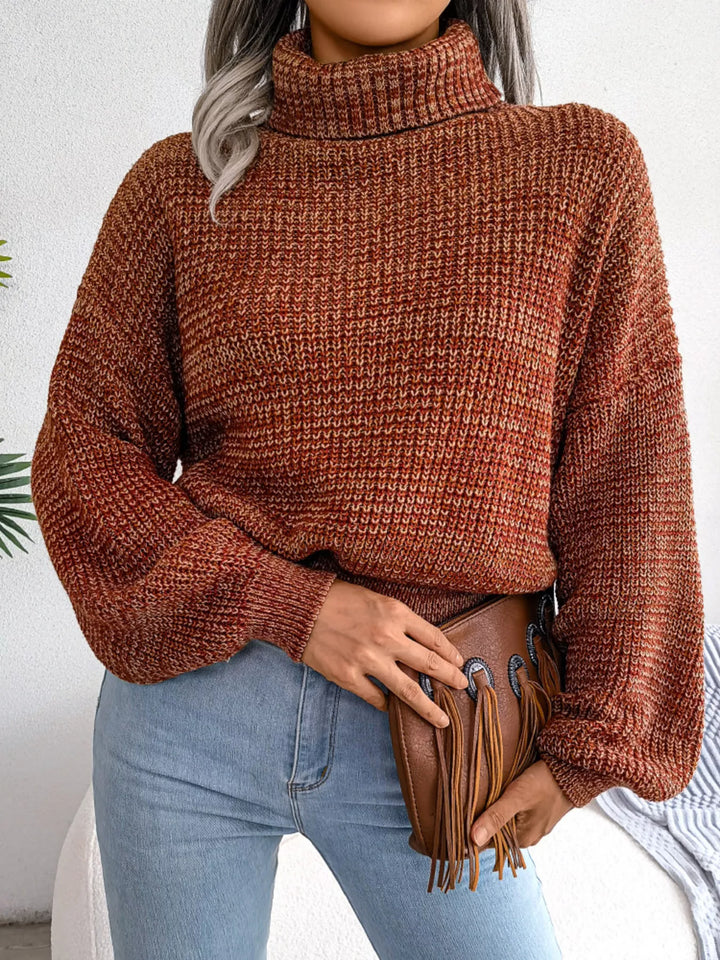Caramel Waffle knit turtleneck sweater with dropped shoulders