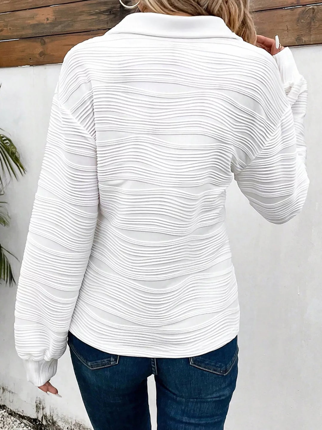 Textured wavy-knit quarter-zip pullover sweatshirt
