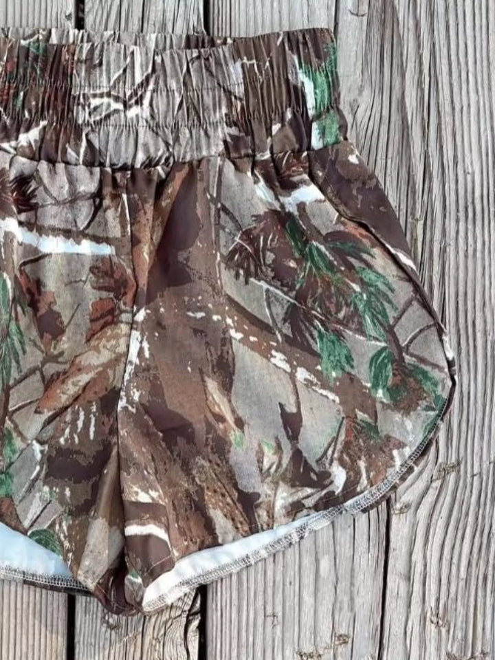 Camo print flowy running shorts with elastic waist