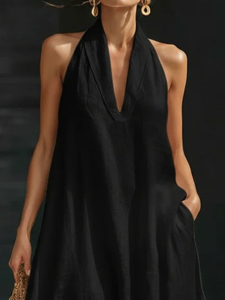 Black Plunge halter maxi dress with side pockets