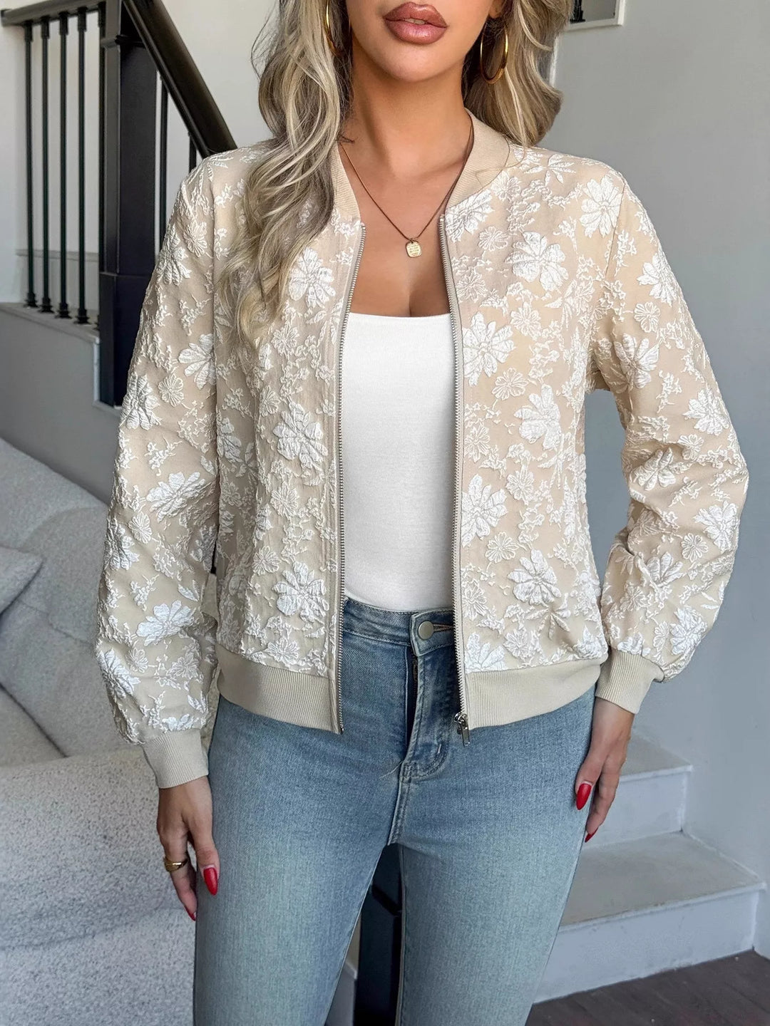 Textured floral zip-up bomber jacket with ribbed trim
