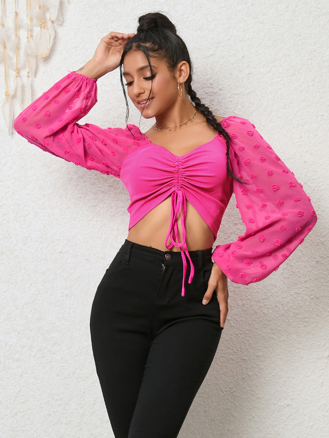 Ruched drawstring crop top with swiss dot sleeves