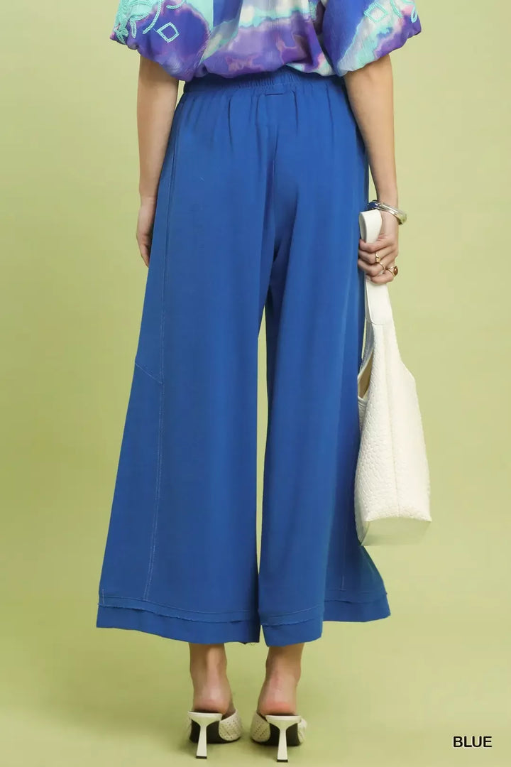 Linen blend wide-leg pants with elastic waist and side pockets