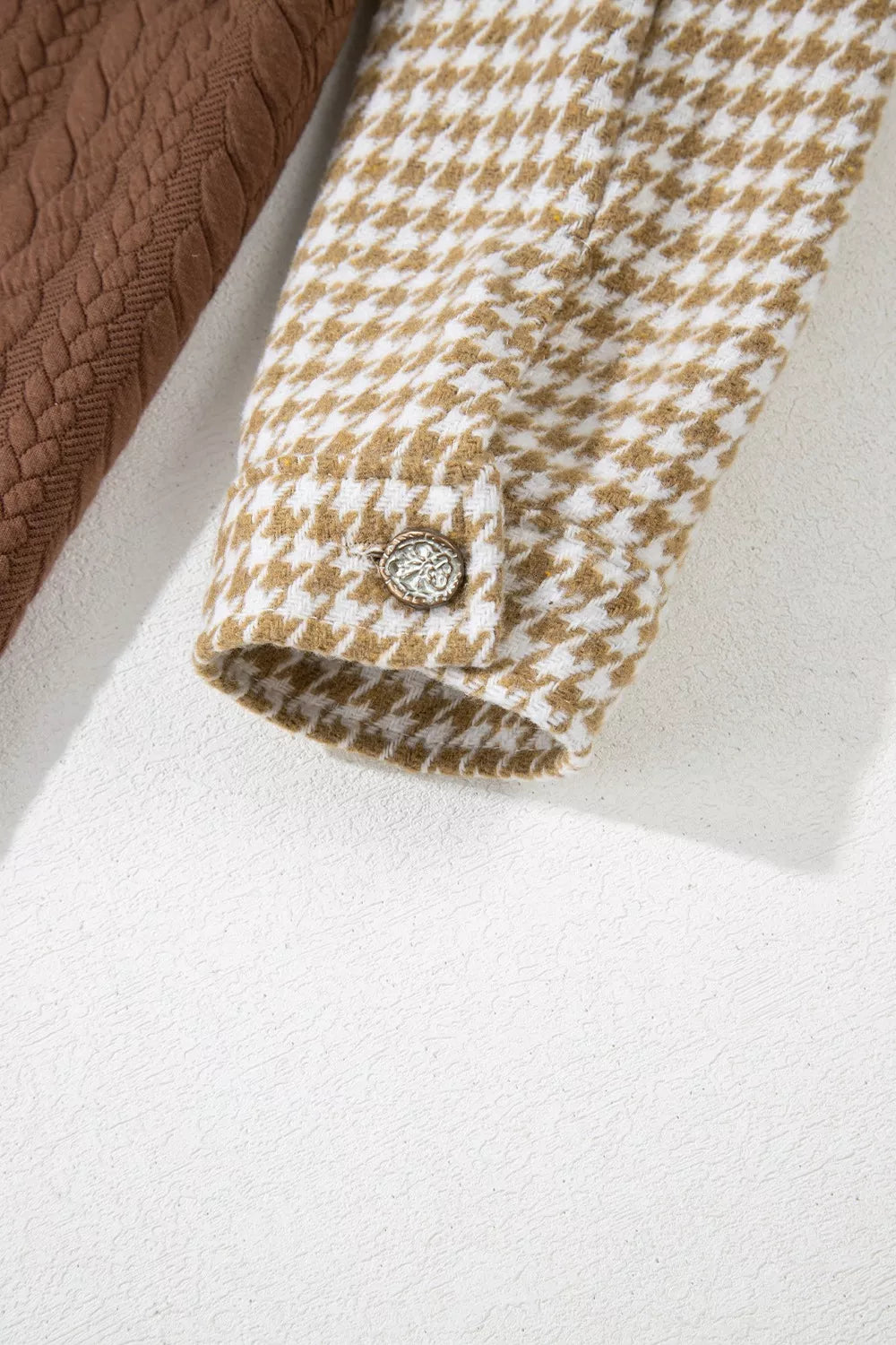 Houndstooth color block button-down shacket with chest pocket