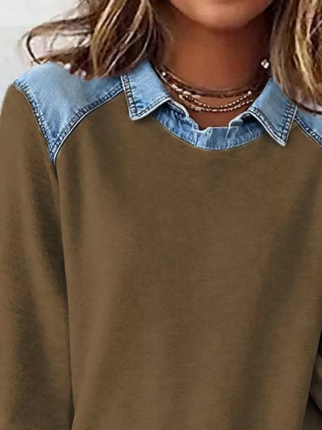 Denim-trim long sleeve crew neck pullover top