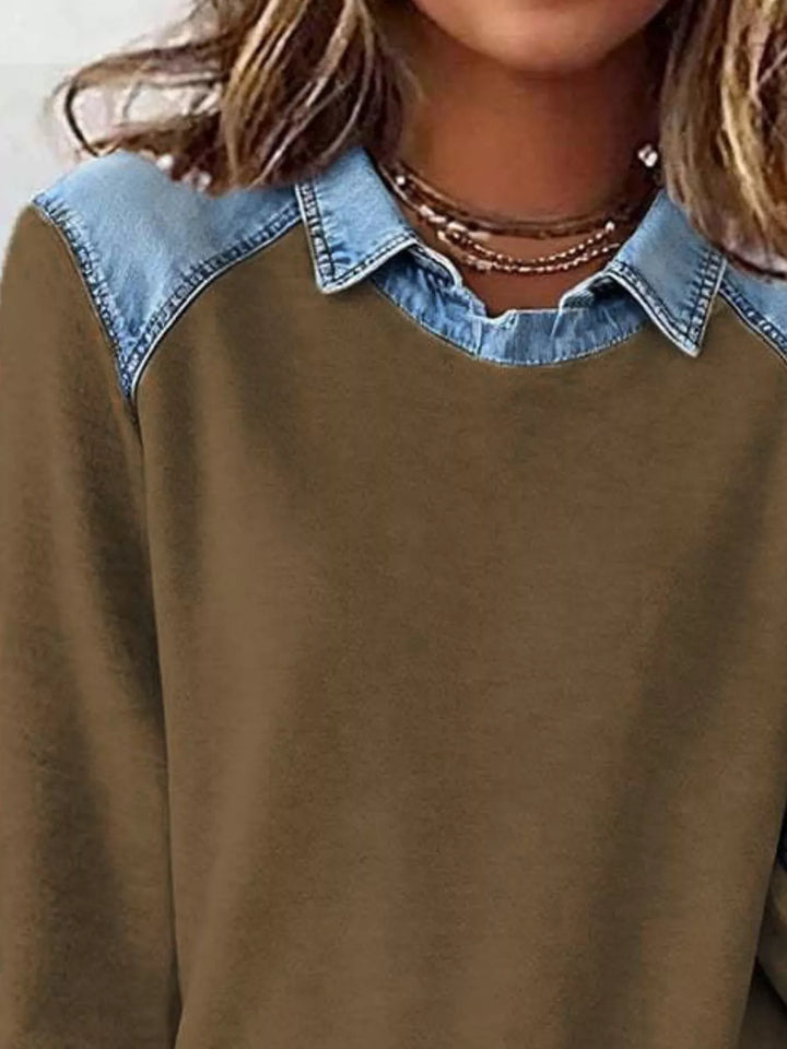 Denim-trim long sleeve crew neck pullover top