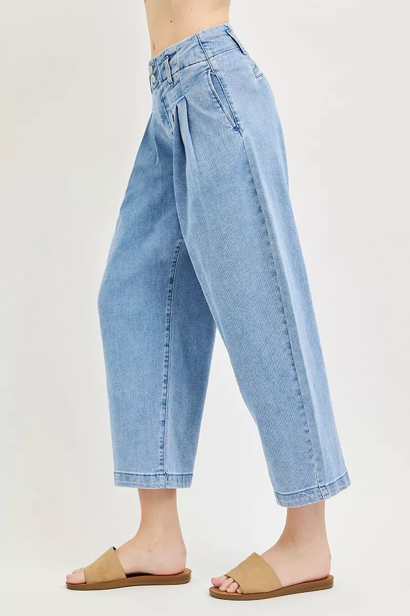 High-rise pleated cropped barrel-leg jeans