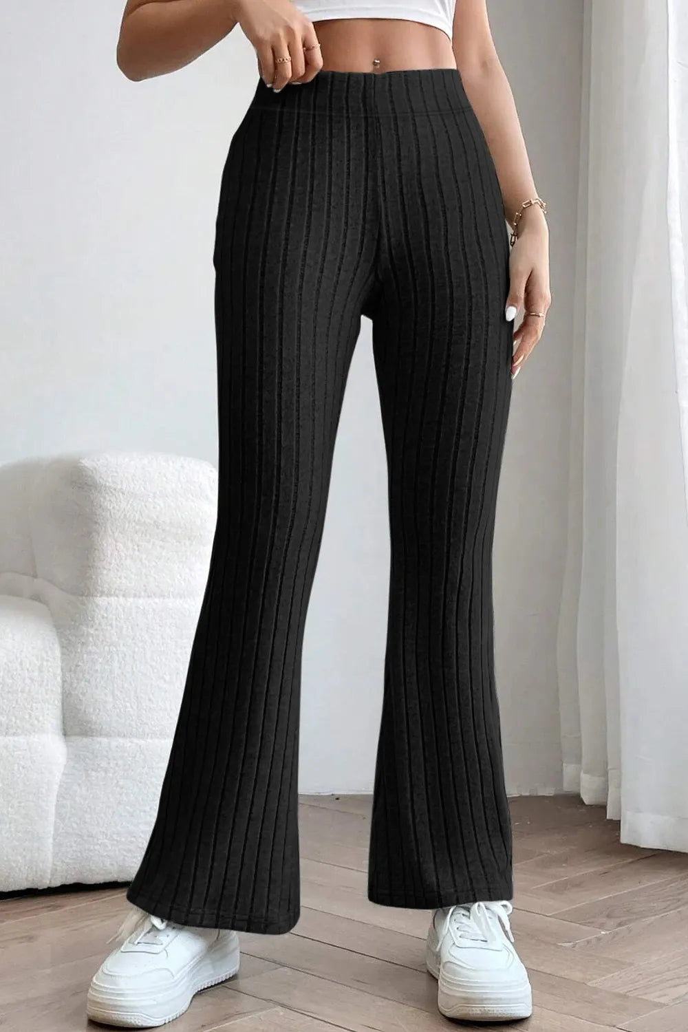 Ribbed knit high-waist flare pants with pull-on waist