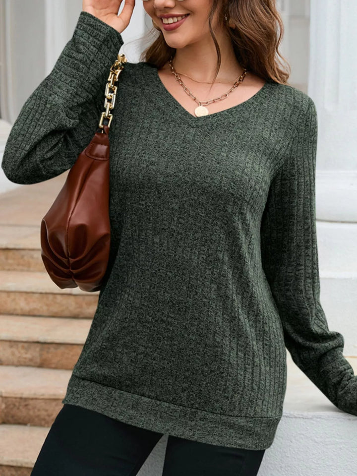 Ribbed knit V-neck long sleeve top with drop shoulders