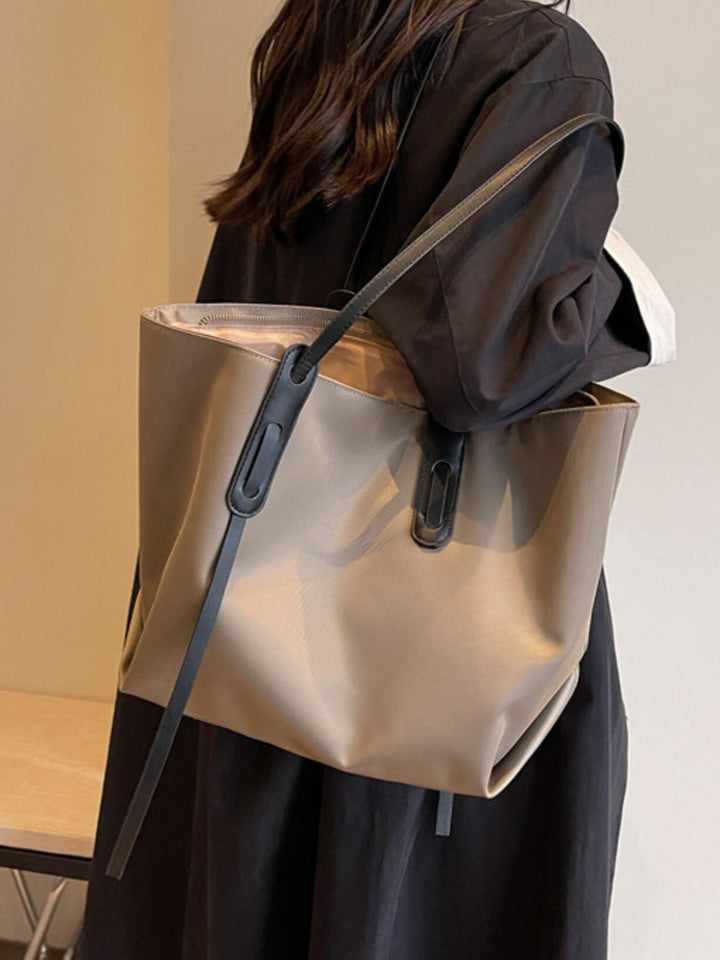 Khaki Large capacity nylon shoulder tote bag with contrast straps