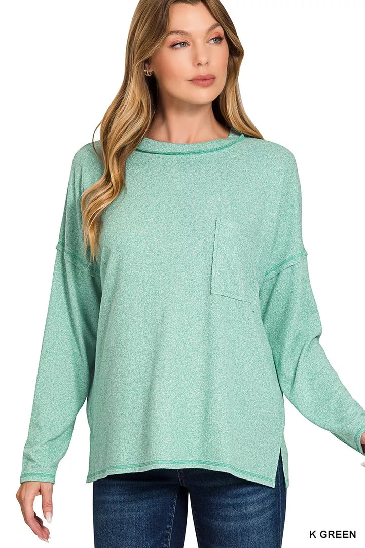 Oversized melange Hacci knit long sleeve top with chest pocket