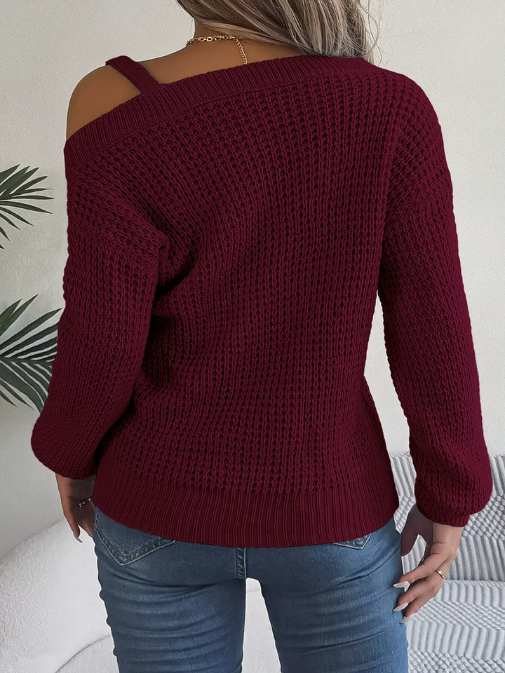 Asymmetrical cold-shoulder openwork knit sweater with chain strap