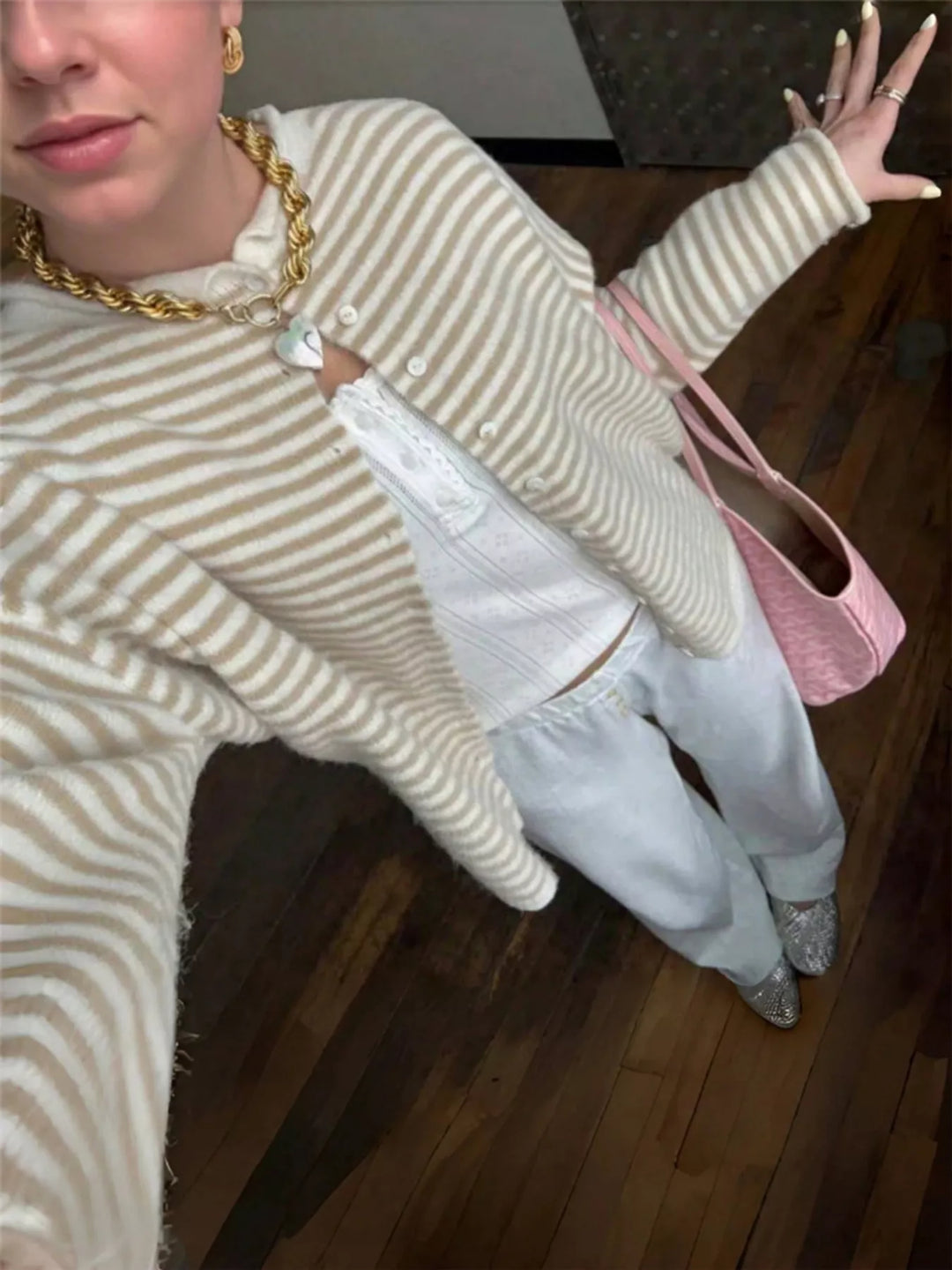 Striped lightweight knit button-front cardigan