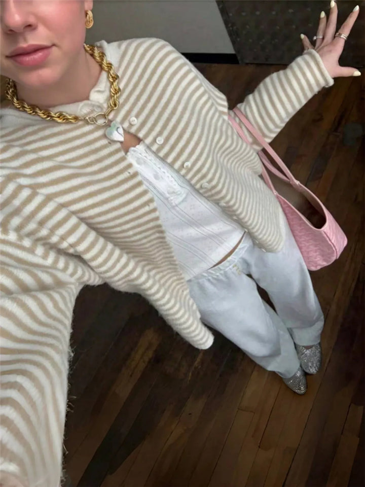 Striped lightweight knit button-front cardigan