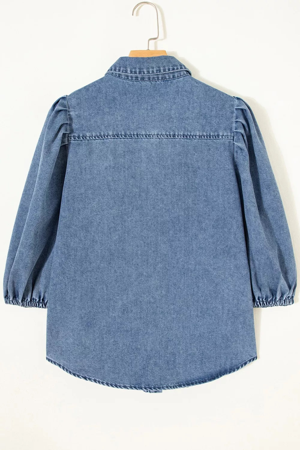 Puff half-sleeve collared denim button-down shirt