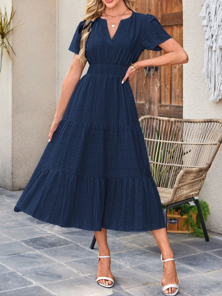 Tiered notched neck short sleeve midi dress with pockets
