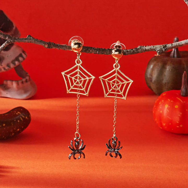 Spider web chain drop earrings with 18K gold plating