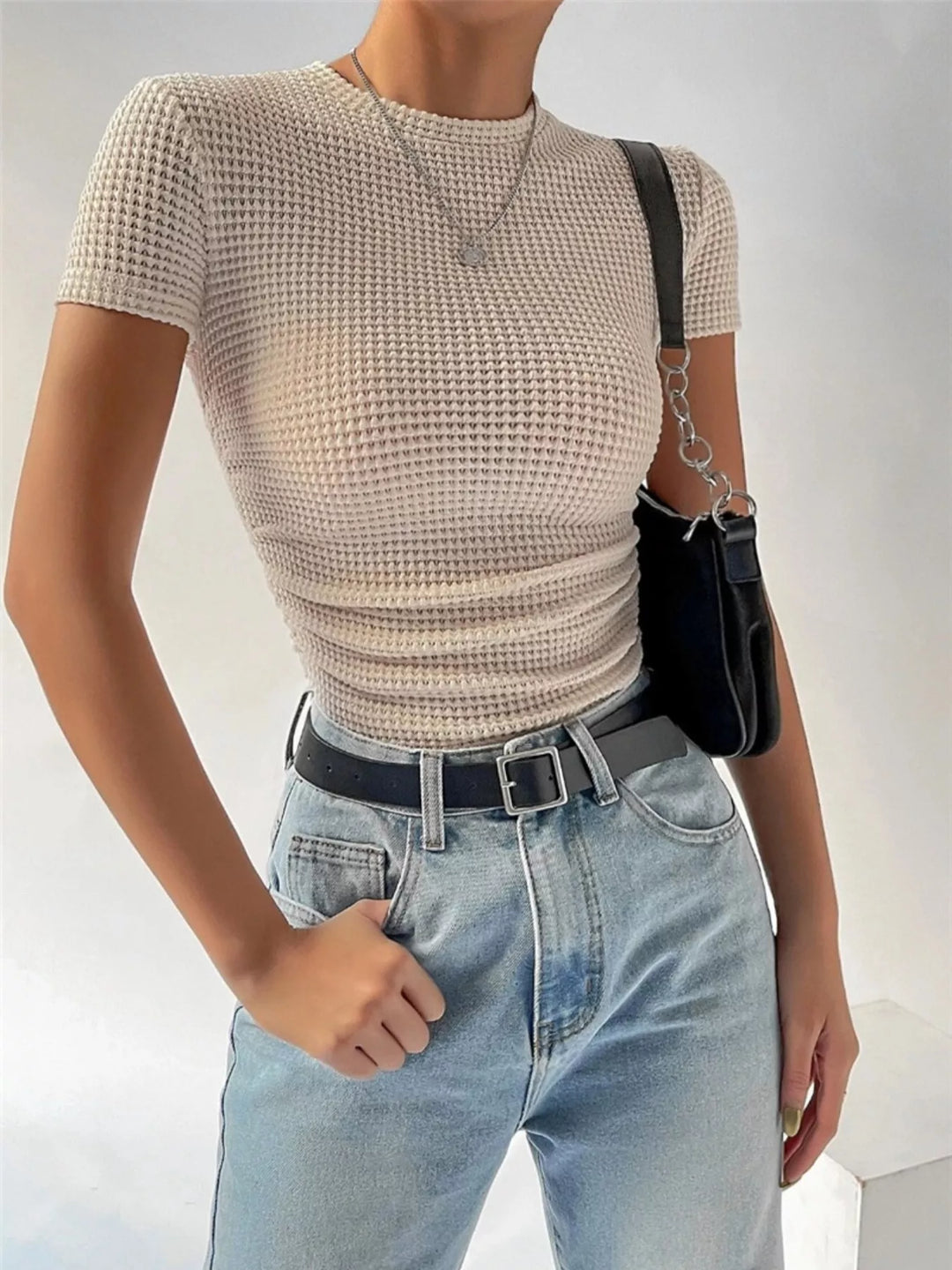 Textured waffle knit slim-fit crew neck tee