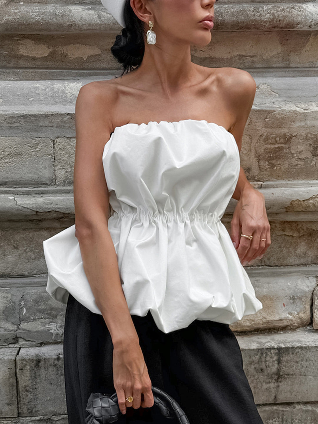 Ruched bubble hem strapless cotton tube top
