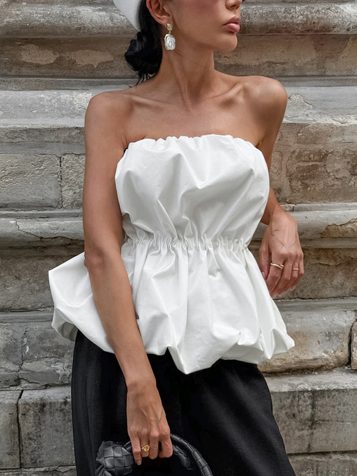 Ruched bubble hem strapless cotton tube top