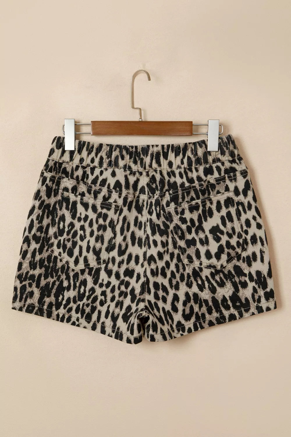Leopard print drawstring elastic waist denim shorts