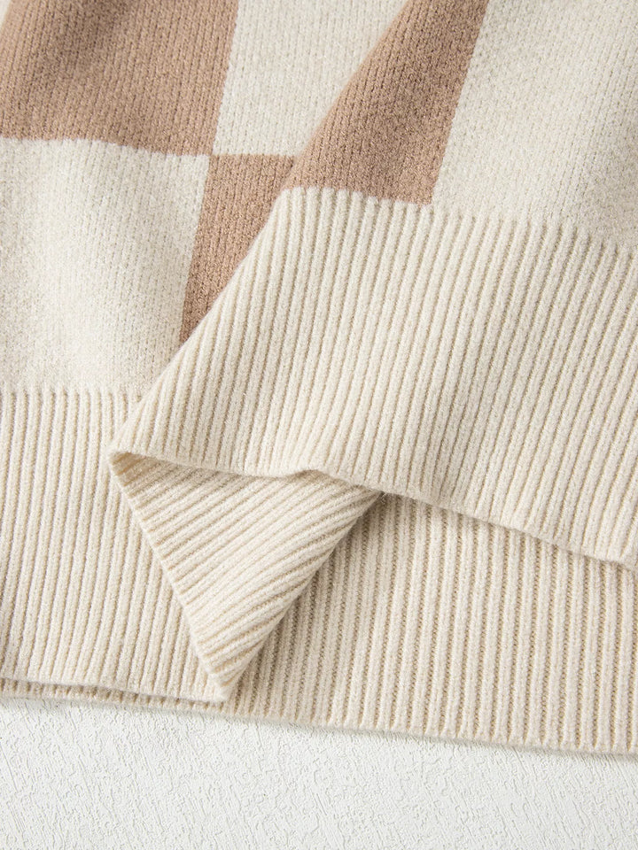 Checkered knit crewneck sweater with ribbed trim