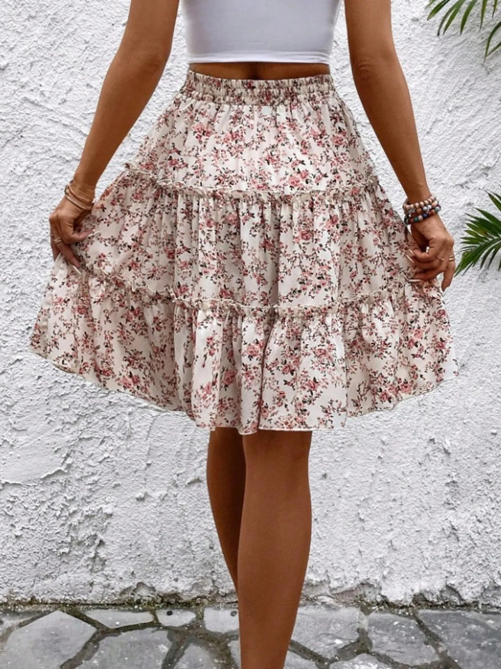 Floral print tiered ruffle mini skirt