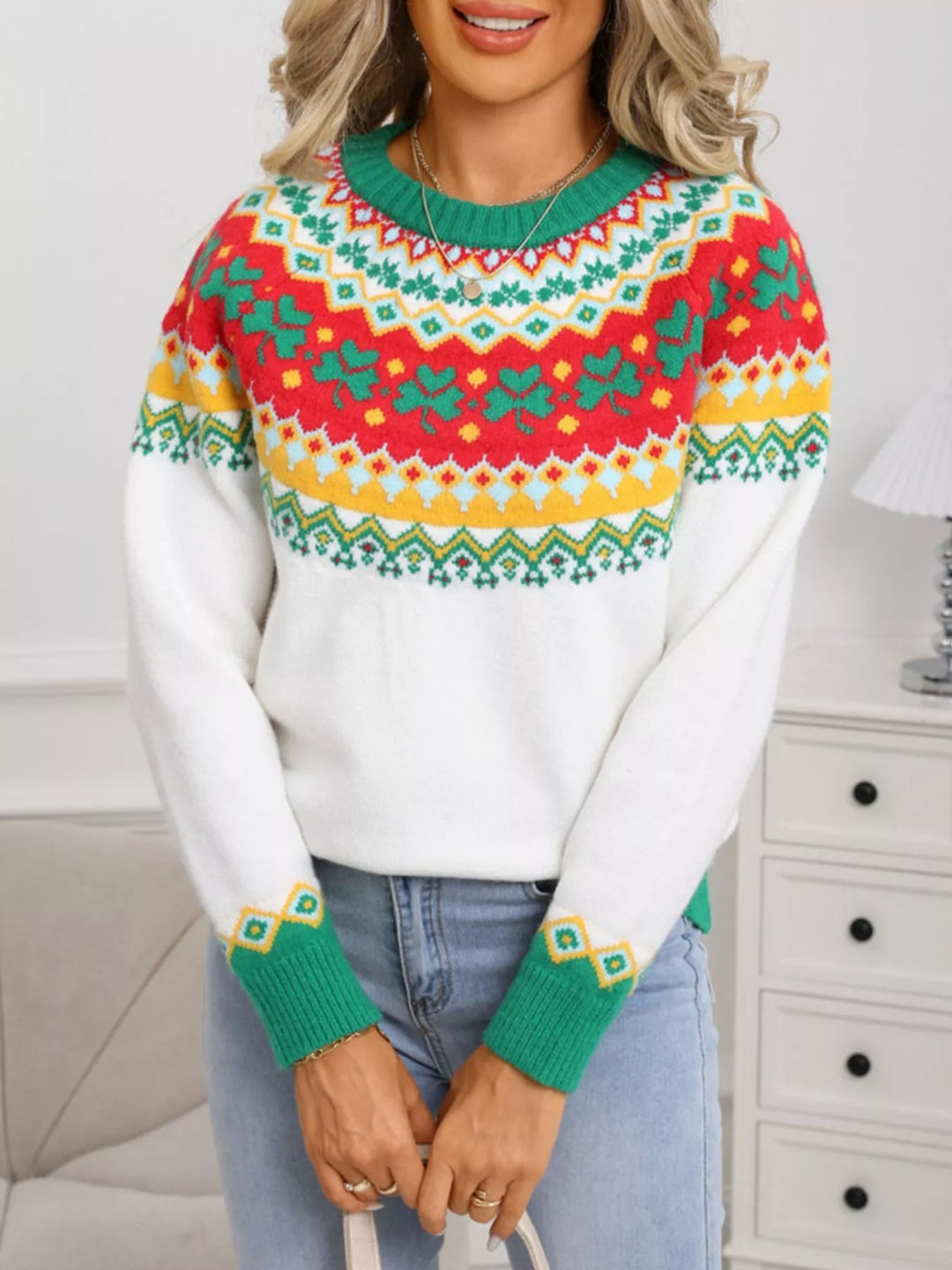 Clover pattern Fair Isle round neck knit sweater