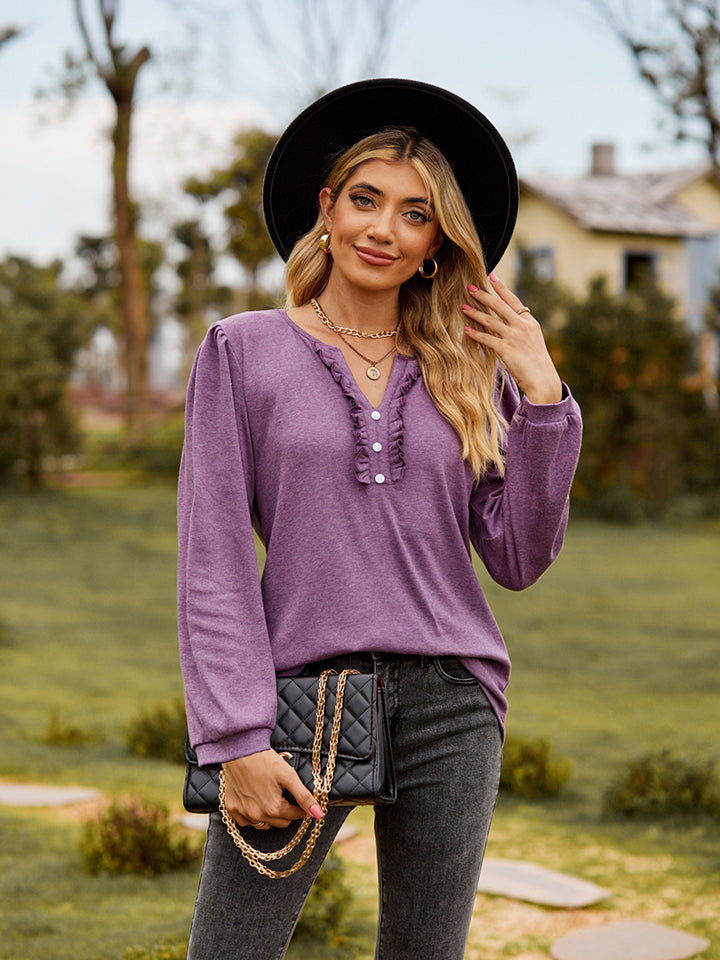 Dusty Purple Ruffle trim puff sleeve split-neck blouse