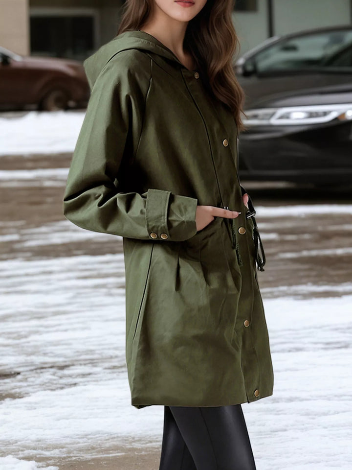 Hooded drawstring waist utility trench coat