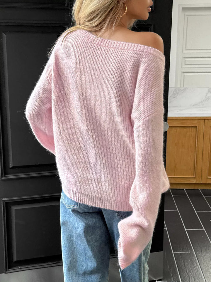 One-shoulder ribbed knit pullover sweater