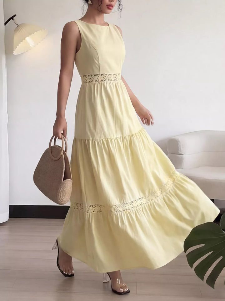 Sleeveless tiered maxi dress with lace inset waist