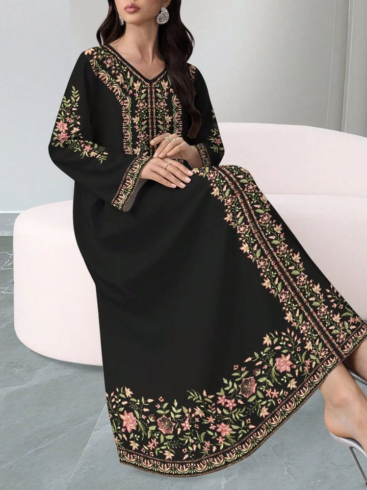 Floral border print V-neck long sleeve maxi dress
