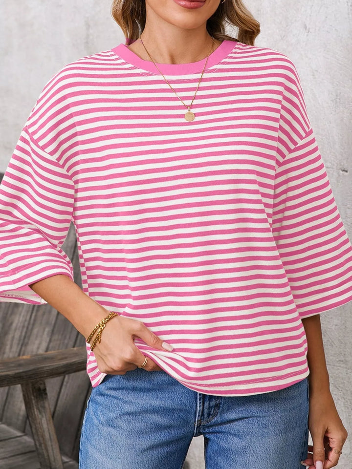 Striped oversized tee with back bow tie and keyhole cutout