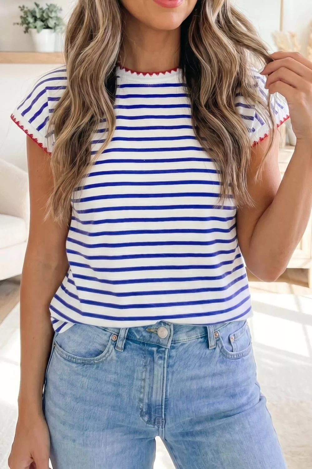 Striped cap sleeve tee with contrast zigzag trim