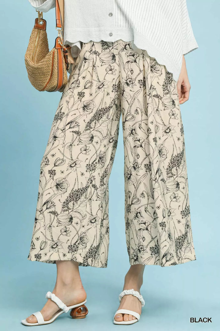 BLACK Wide-leg floral print pants with pleated elastic waist