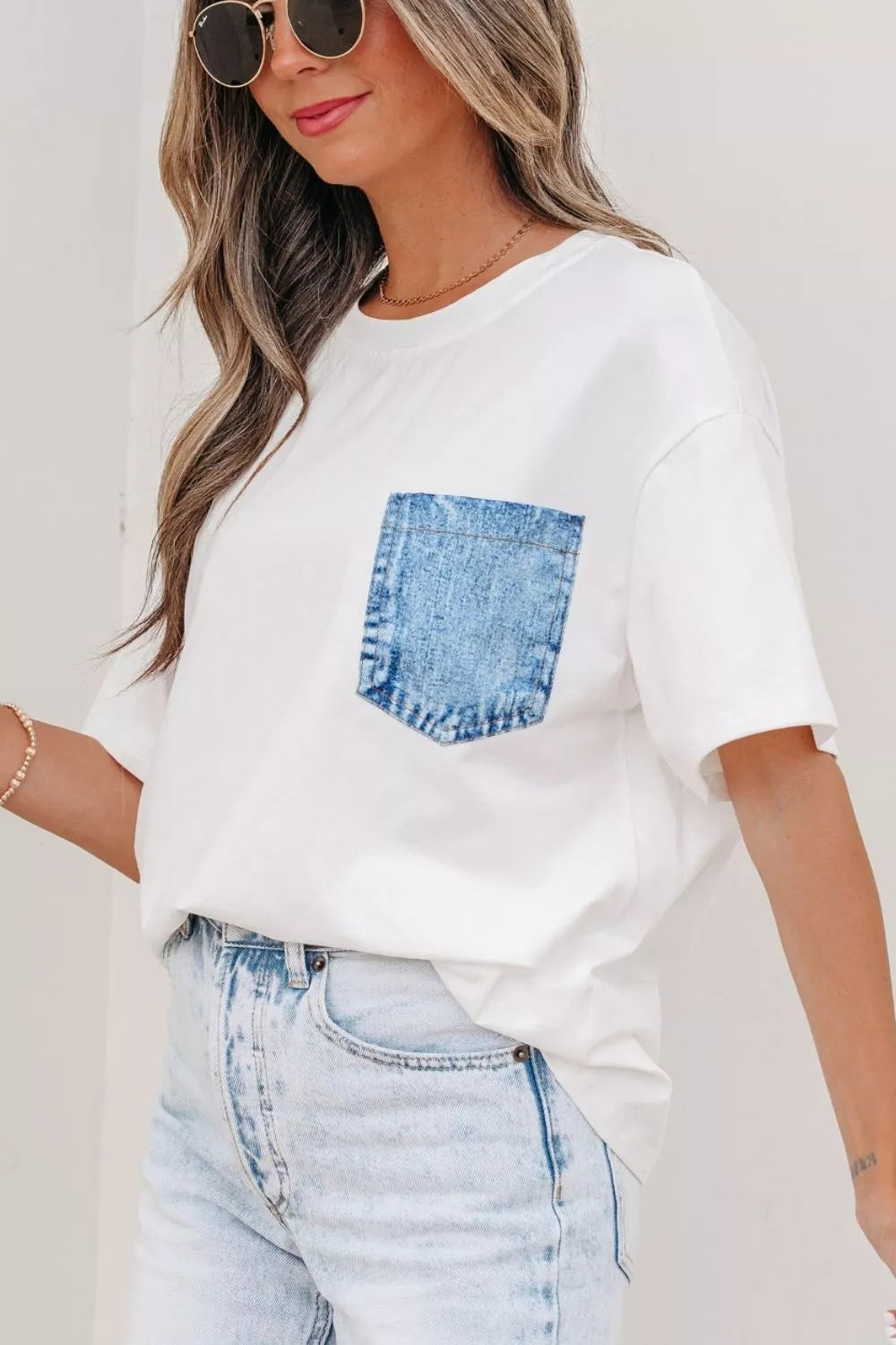 Denim chest pocket relaxed cotton crew neck tee