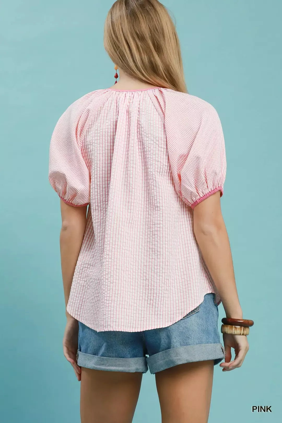 Checker puff sleeve button-front blouse with contrast trim