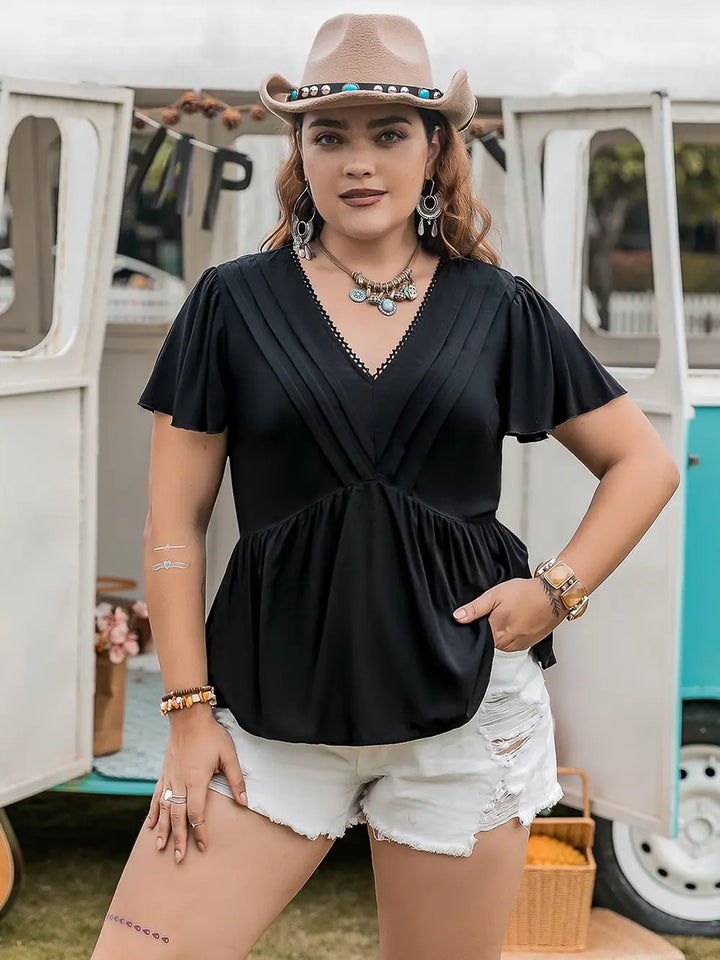 Black Plus size flutter sleeve V-neck peplum blouse