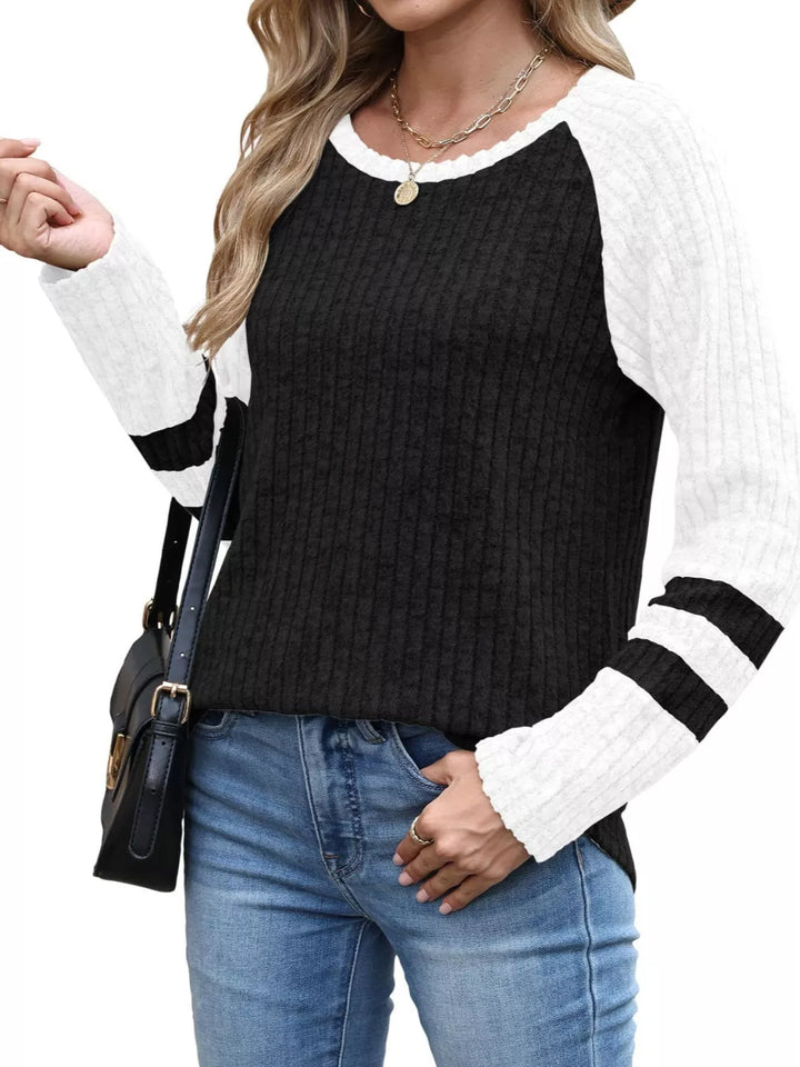 Black Ribbed knit raglan long sleeve top with varsity stripe sleeves