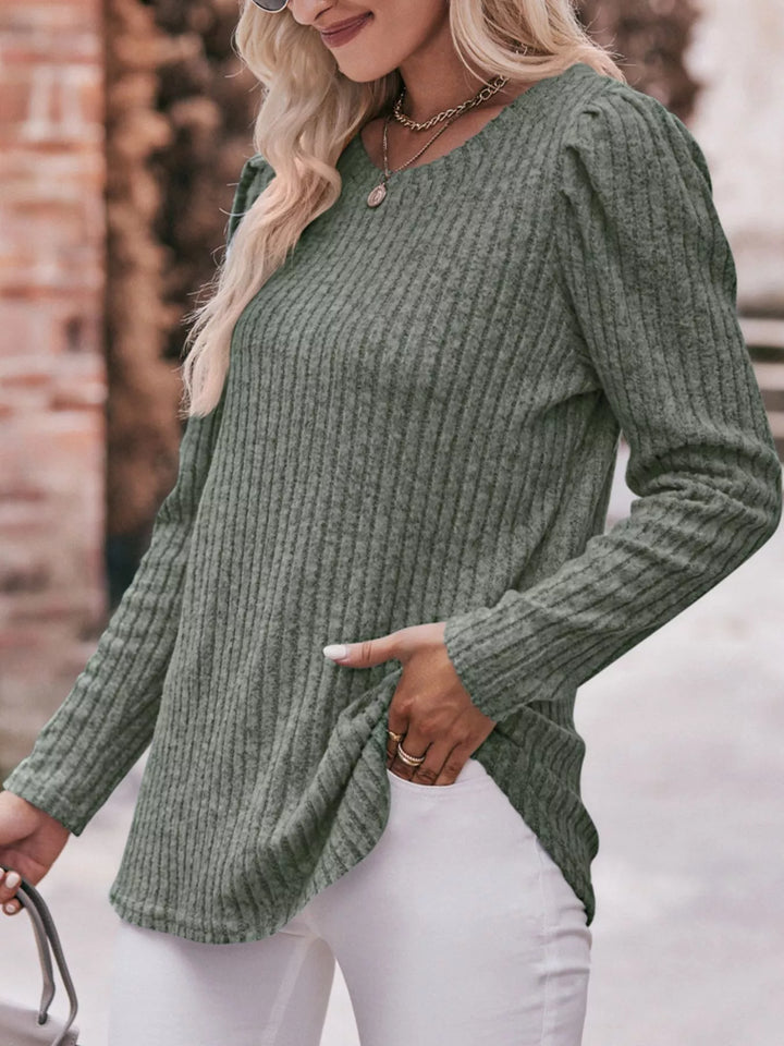 Ribbed knit long sleeve top with puff shoulders