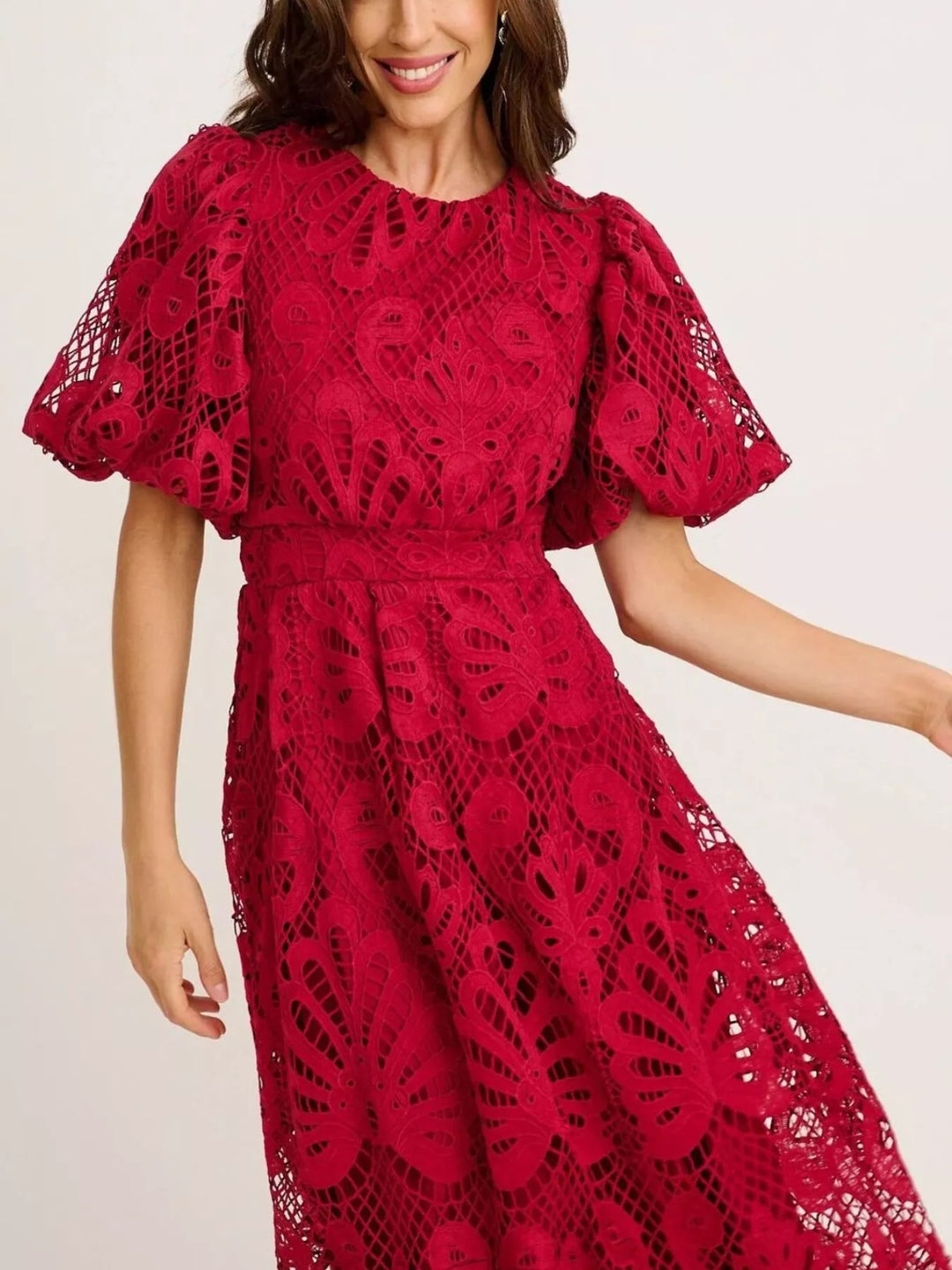 Crochet lace puff sleeve midi dress with scalloped hem