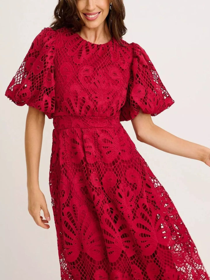 Crochet lace puff sleeve midi dress with scalloped hem