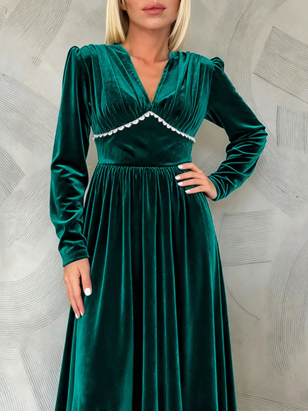 Velvet long sleeve maxi dress with pearl trim V-neck
