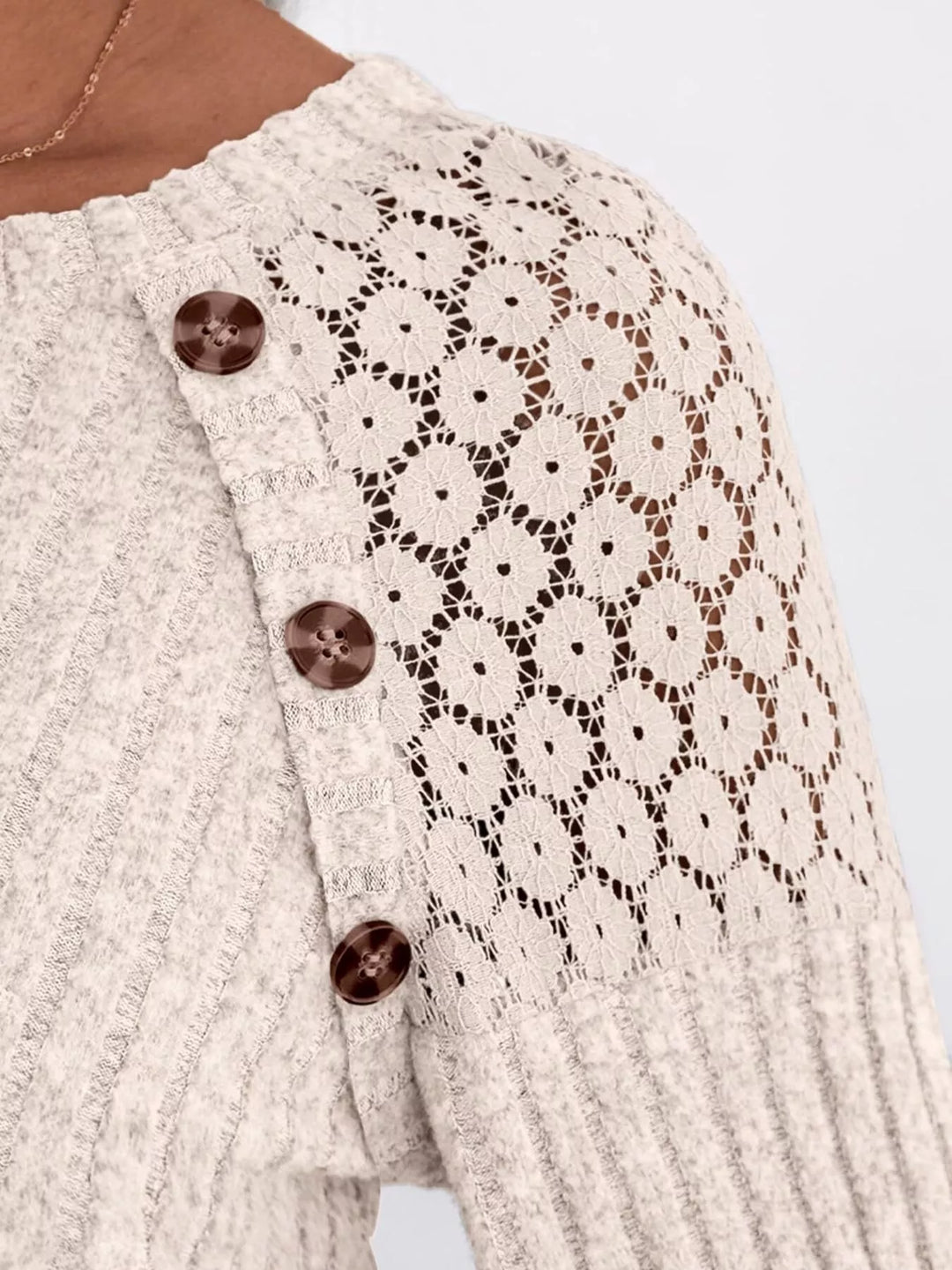 Ribbed knit long sleeve top with lace shoulder detail