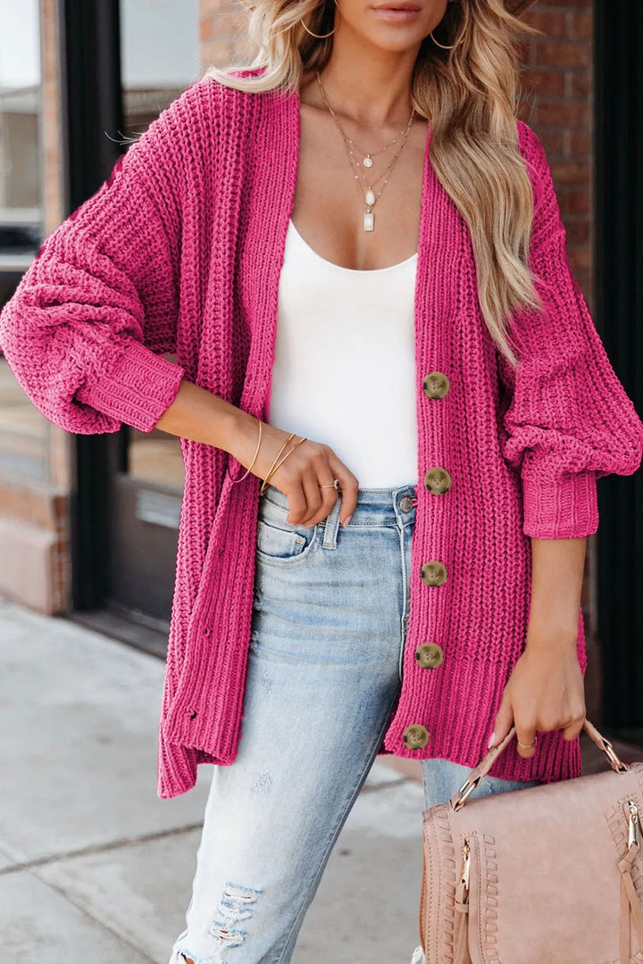 Deep Rose Chunky ribbed knit button-down cardigan