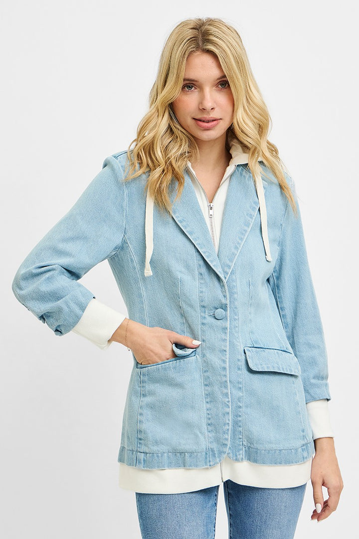 LIGHT One-button denim blazer with layered zip-up hoodie